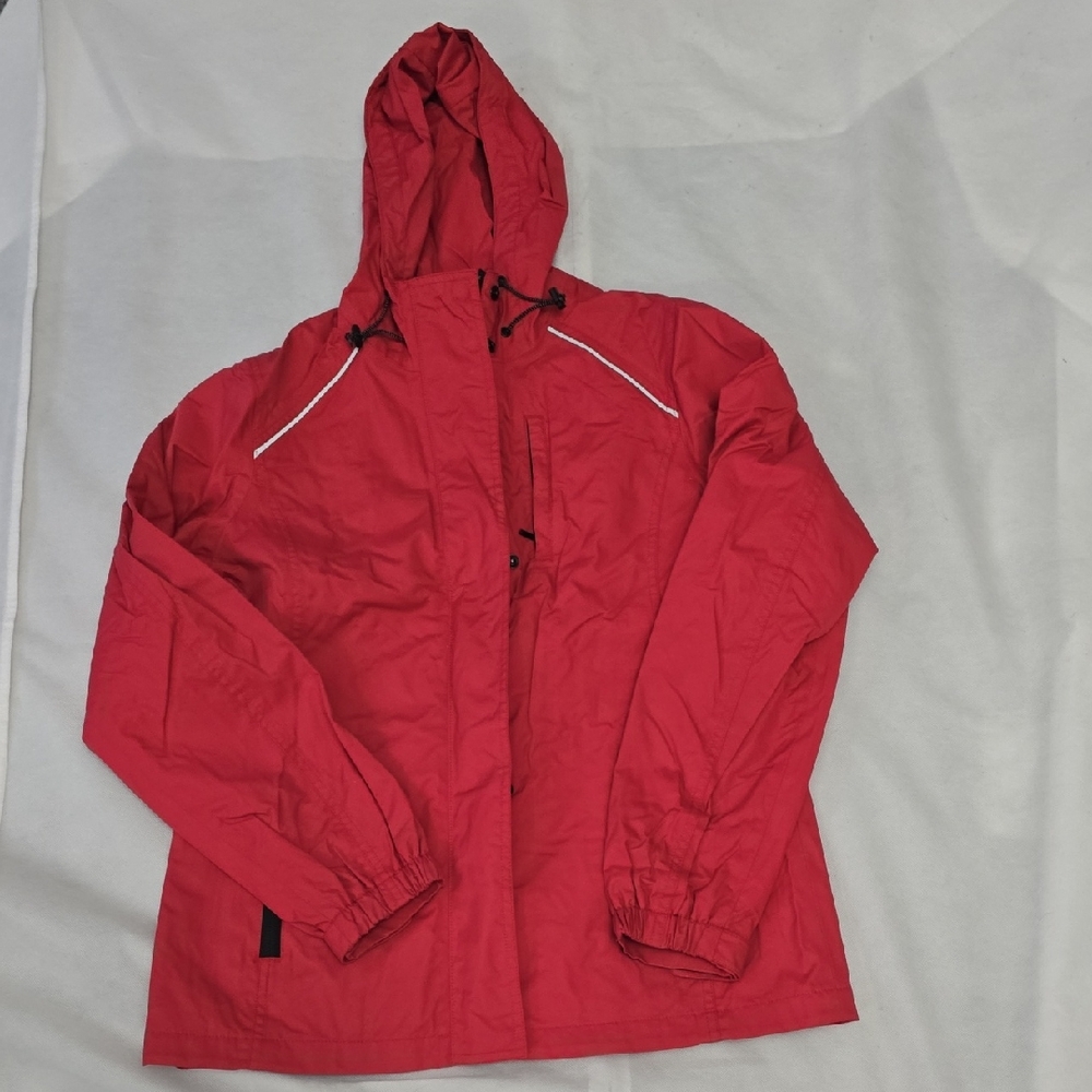 Eddie Bauer Red Raincoat with Hood and Reflective Trim
